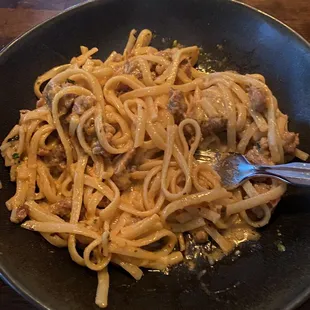 Fettuccine and sweet sausage and white truffle oil