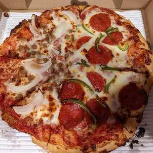 Medium pan pizza with half sausage and onion and half pepperoni and green pepper