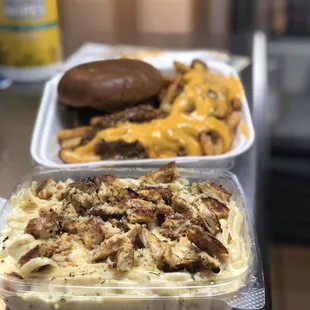 Chicken Alfredo and Cheese Burger with ChilliCheese Fries