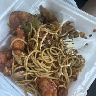 Orange chicken, noodles, spicy pepper chicken and bourbon chicken