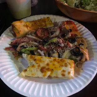 The works pizza and cheese garlic bread, large garden salad, yum !!!