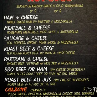 Perry's Pizza "Hot Subs" offerings.