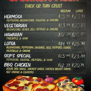 Perry's Pizza menu boards located behind their front counter as of April of 2022.