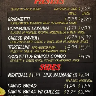 Perry's Pizza "Pastas" and "Sides" options.