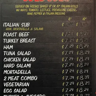 Perry's Pizza "Cold Subs" offerings.