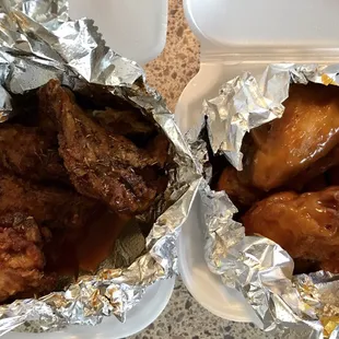 Caribbean jerk wings on the left and sweet and tangy barbecue wings on the right!