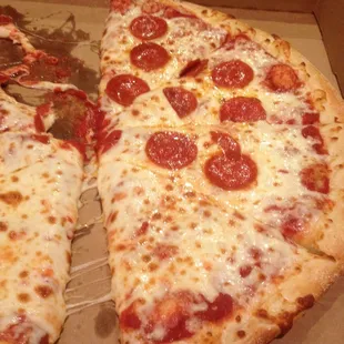 Half pepperoni and half cheese extra large pizza.