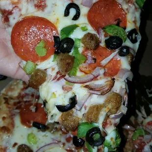 a hand holding a slice of pizza