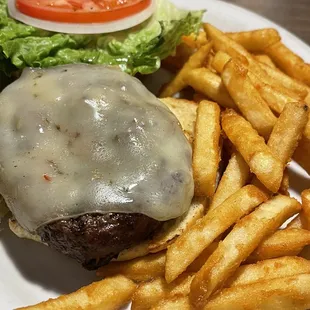 a hamburger and french fries