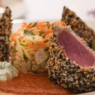 Everything crusted Ahi Tuna served with Asian slaw and ginger tomato fondue