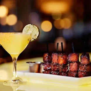 Bar 79&apos;s Social Hour Menu - Smoky Rita handcrafted cocktail and Perry&apos;s Famous Pork Chop &apos;Bites&apos;