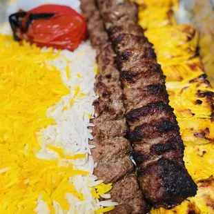 Vaziri Platter. (Koobideh, Chicken Barg, Saffron rice and grilled tomato! Yumm)