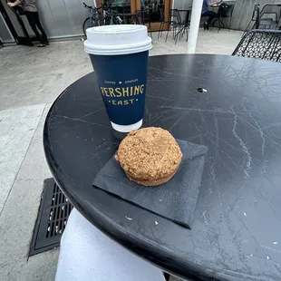 Large lavender coffee w/ oat milk on front patio