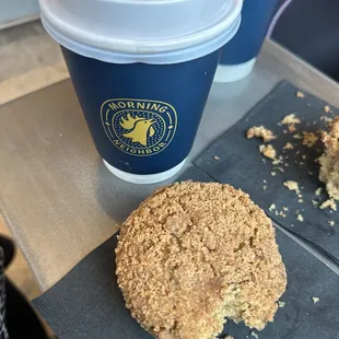 Vegan coffee cake and a vegan pumpkin latte