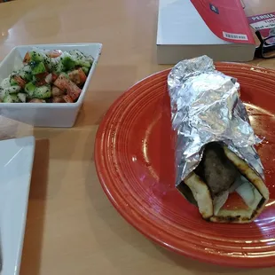 Gyro and Tomato, cuke, and onion salad with mint
