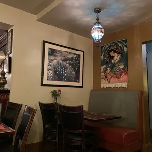 a table and chairs in a restaurant