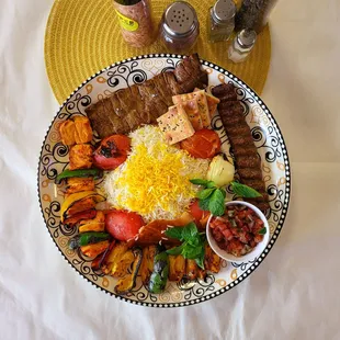 Family plate steak filet mignon chicken Cornish saffron rice and kobideh kabob