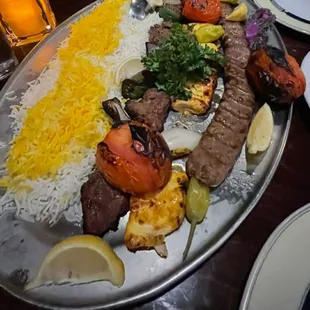 #50 combo beef shish, chicken shish, koobideh