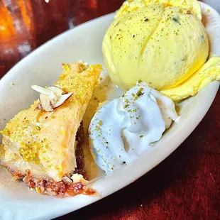 Pistachio and rose water ice cream with baklava