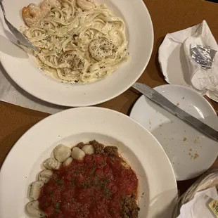 Fettucini alfredo with shrimp, gnocchi with meat sauce