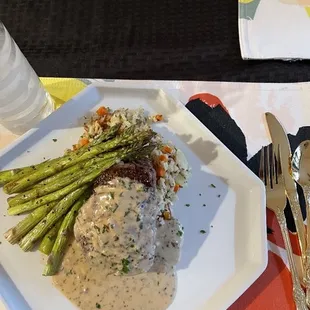 Steak Au Poivre; with almond pilaf, asparagus &amp; lemon - that SAUCE!