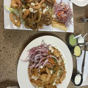 Jalea mixta and Arroz con Mariscos