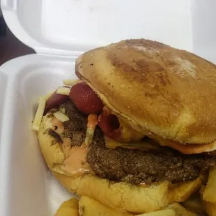 a burger and french fries in a styrofoam container