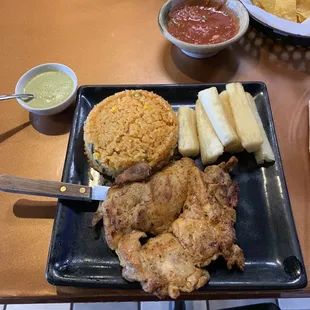 Pollo Parrillero Combo with Fried Yucca and Mexican Rice
