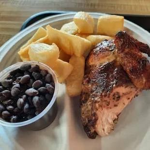 Quarter white with yuca fries and black beans