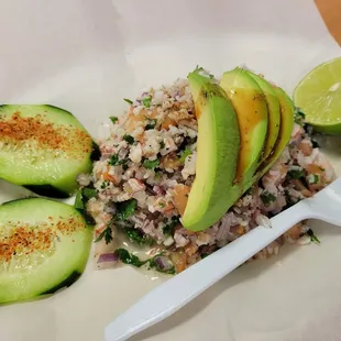 Ceviche.  A mix of ground imitation crab and shrimp.  Delicious!