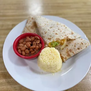 Shrimp Quesadilla Served with Rice and Beans
