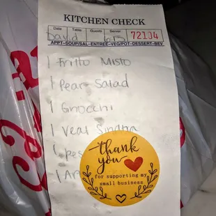 a receipt for a kitchen check