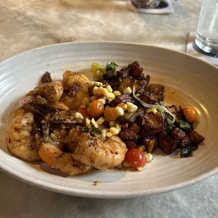 jumbo shrimp w/ eggplant, corn + tomato