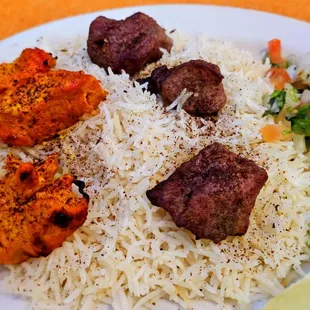 Chicken and beef kabab with white rice
