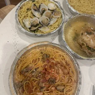 Linguini and Clams, Spaghetti Carbonara, Chicken Piccata Plate with Spaghetti Alfredo