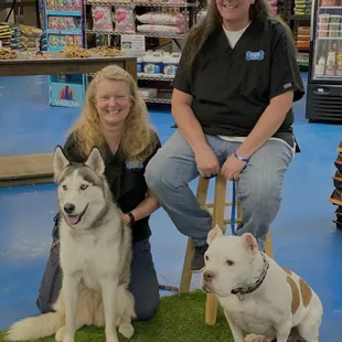 Dr. Fruitt with her dog &quot;Kira&quot; and Dr. Kim with her dog &quot;Buster&quot;.