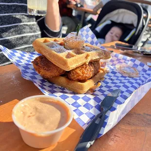 Chicken sandwich on waffle