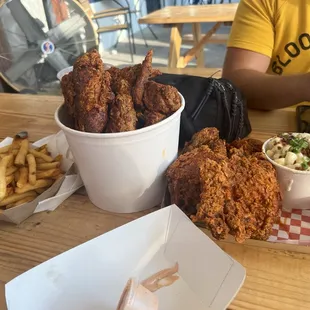 Half Bird and and BIG BOY BUCKET! Aka half a chicken and one whole chicken. Fries and mac n cheese.