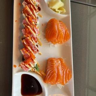 Red dragon roll and 6 salmon sashimi