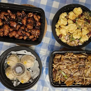 Szechuan Popcorn Chicken 四川米花鸡, Salt &amp; Pepper Shrimp 椒盐虾仁, Dry Fried Beef ChowFen 干炒牛河, Crab &amp; Pork Soup Dumpling 蟹粉小笼包 (4) XLB.