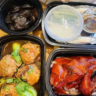 Sauted Amish mushroom; Chang's classic lions head; Half Peking Duck with green onion, plum sauce and pancake, boxes of purpule rice
