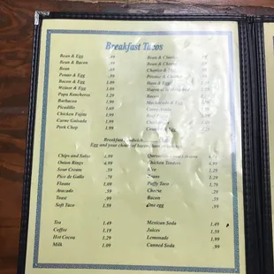Menu with prices