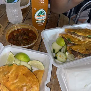 Crunchy taco and queso taco and consommé