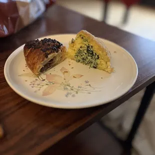 Nutella croissant (left) and spinach arancini (right)