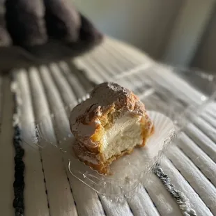 Underwhelming cream puff. The cream had no flavor and there was way too much of it.