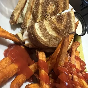 Turkey Reuben and sweet potato fries