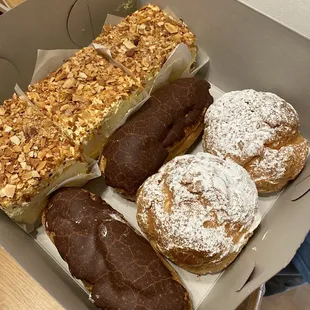 Burnt almond cake, eclairs, cream puffs