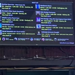 Beer Choices/prices