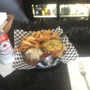 Gorgonzola Cheeseburger with fries and a Lager to wash it down.