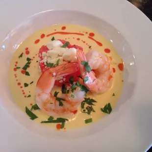Chilled corn soup, prawns, chili oil, watermelon, feta
